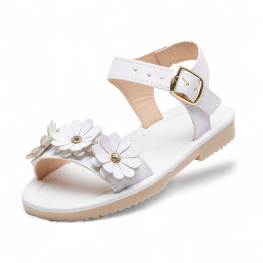 Sandalias blancas para niña con flores 3D y hebilla ajustable, diseño elegante y cómodo dv2925