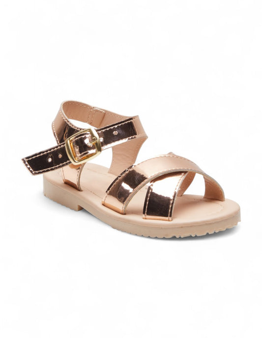 Sandalias para niña tipo piel con hebilla ajustable, suela antiderrapante, punta y talón abiertos, cómodas y ligeras para uso diario o eventos color dorado rosa dv2925