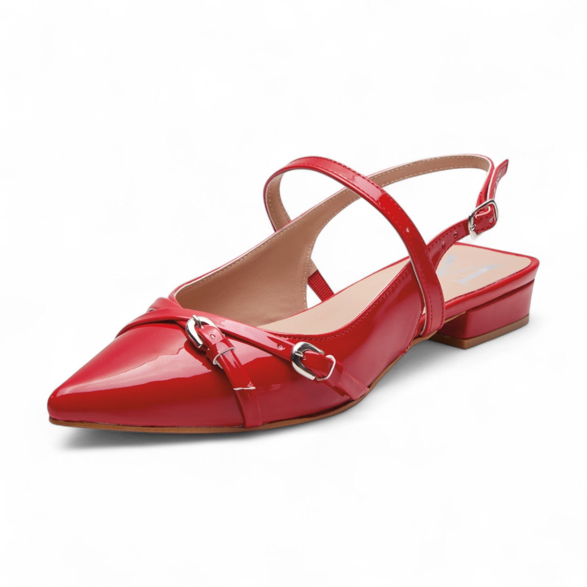 Flats casuales para mujer en charol brillante con punta en pico, tiras cruzadas, talón abierto y tacón bajo de 2 cm color rojo dv2925