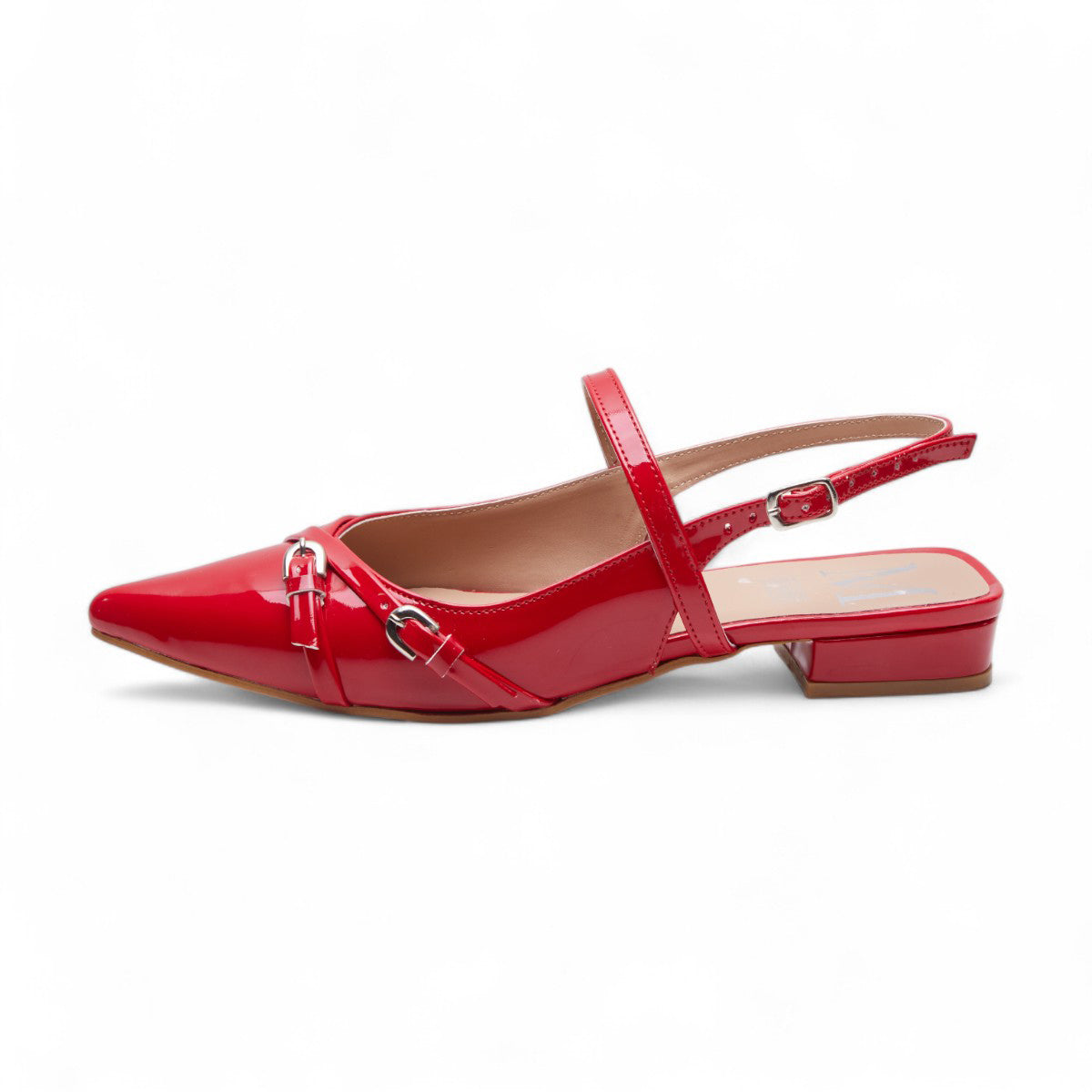 Flats casuales para mujer en charol brillante con punta en pico, tiras cruzadas, talón abierto y tacón bajo de 2 cm color rojo dv2925