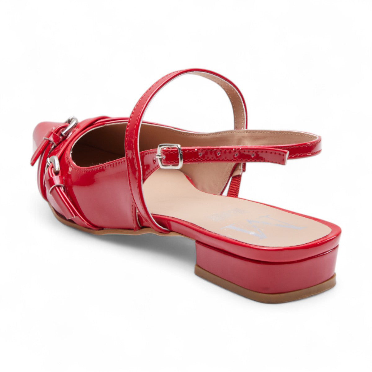 Flats casuales para mujer en charol brillante con punta en pico, tiras cruzadas, talón abierto y tacón bajo de 2 cm color rojo dv2925