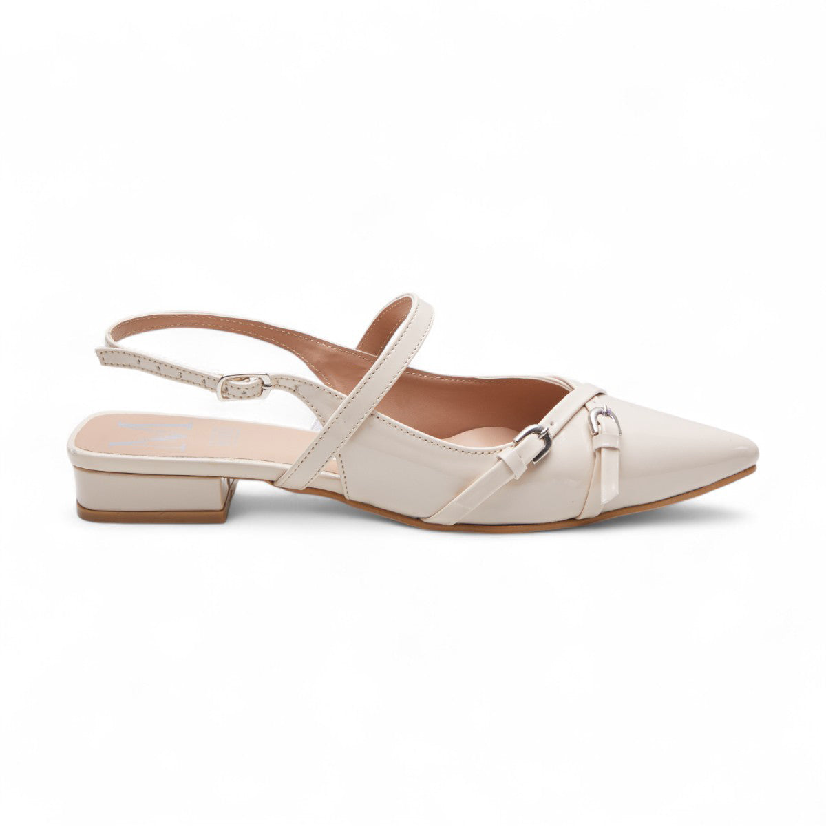 Flats casuales para mujer en charol brillante con punta en pico, tiras cruzadas, talón abierto y tacón bajo de 2 cm color beige dv2925
