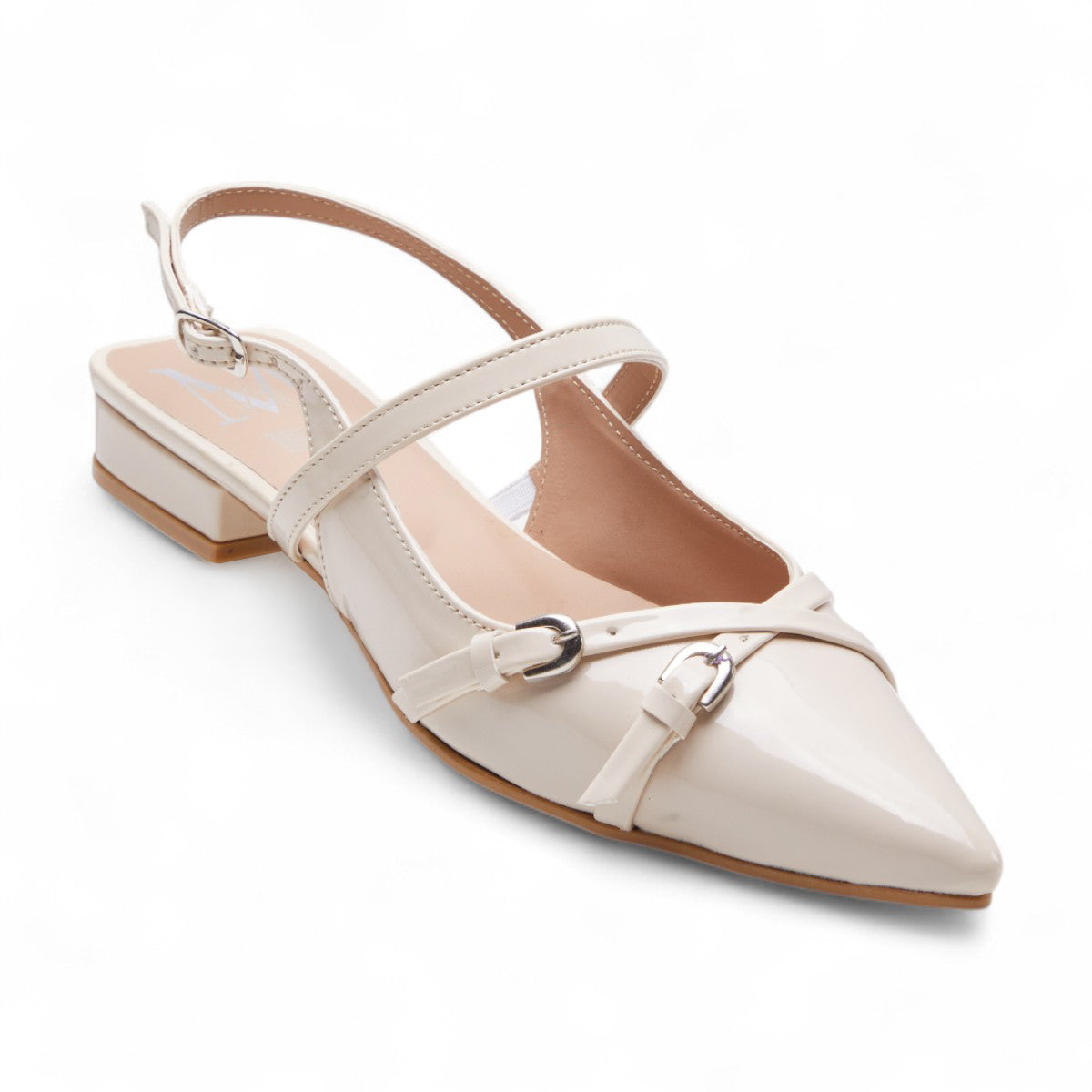 Flats casuales para mujer en charol brillante con punta en pico, tiras cruzadas, talón abierto y tacón bajo de 2 cm color beige dv2925