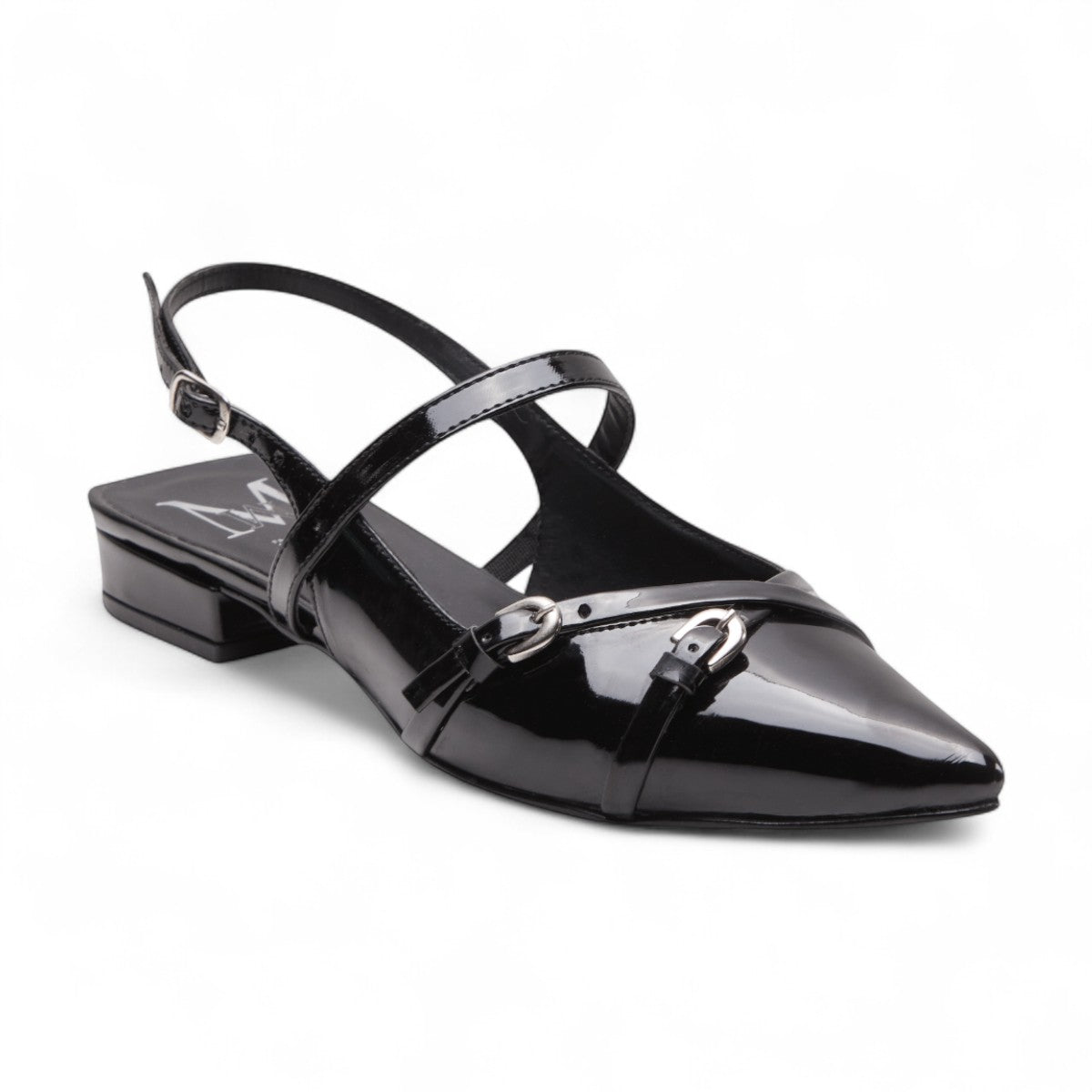 Flats casuales para mujer en charol brillante con punta en pico, tiras cruzadas, talón abierto y tacón bajo de 2 cm color negro 2925