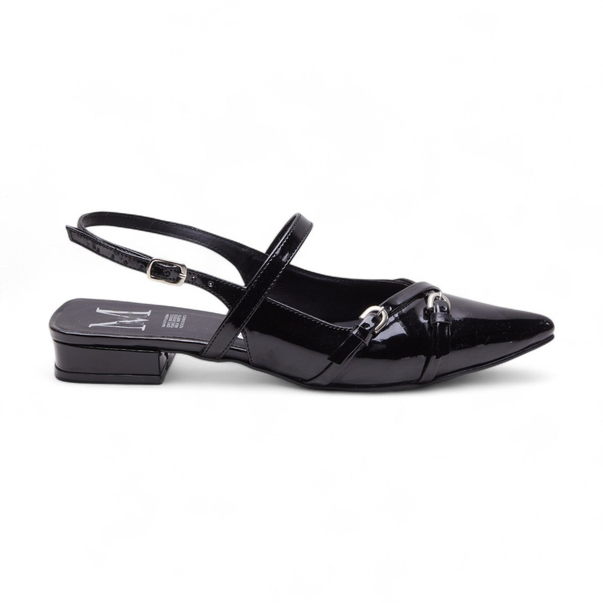 Flats casuales para mujer en charol brillante con punta en pico, tiras cruzadas, talón abierto y tacón bajo de 2 cm color negro 2925