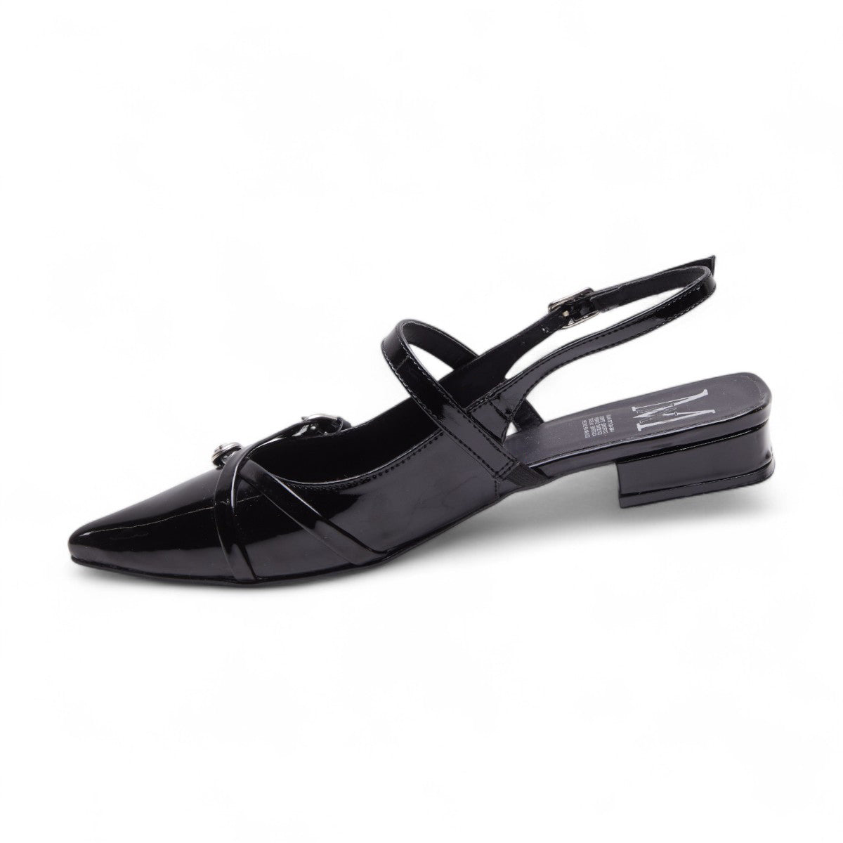 Flats casuales para mujer en charol brillante con punta en pico, tiras cruzadas, talón abierto y tacón bajo de 2 cm color negro 2925