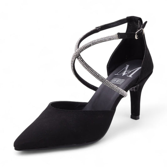 Tacones formales para mujer color negro en satinado elegante, punta en pico, tiras cruzadas con brillantes y tacón delgado de 5.5 cm dv2925