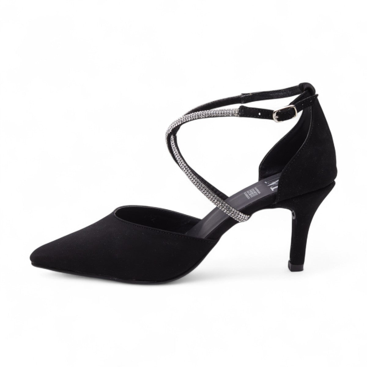 Tacones formales para mujer color negro en satinado elegante, punta en pico, tiras cruzadas con brillantes y tacón delgado de 5.5 cm dv2925