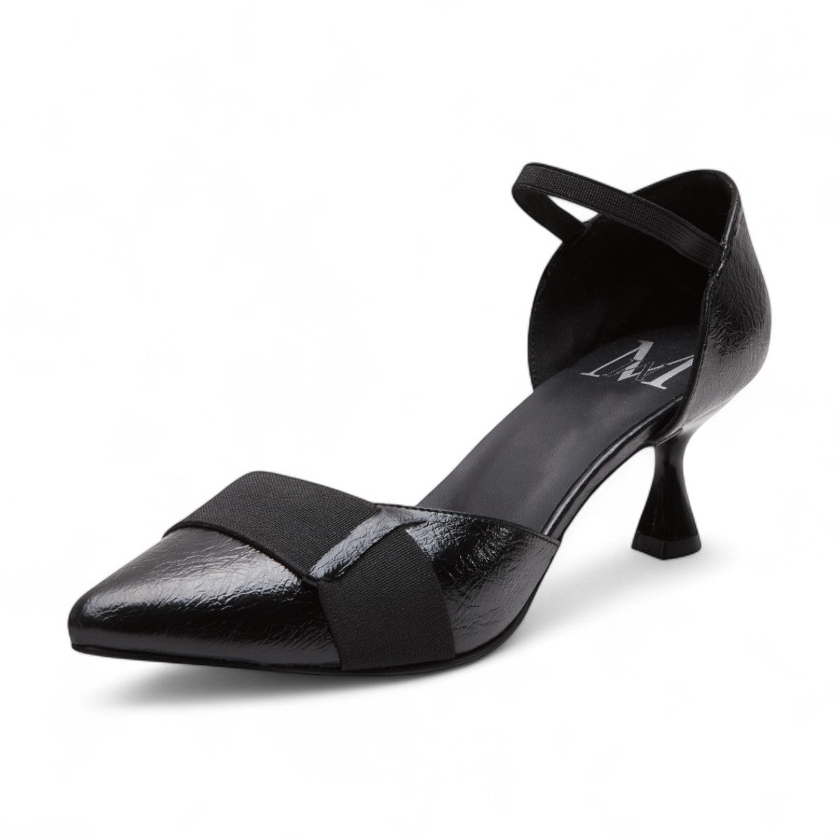 Zapatillas de tacón para dama con punta en pico y tira en gamuza, diseño elegante y cómodo color negro dv2925