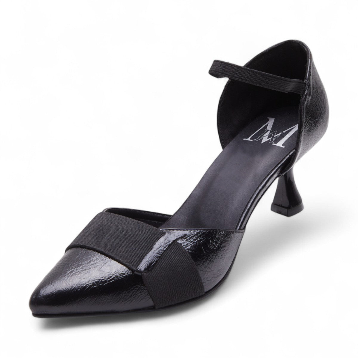 Zapatillas de tacón para dama con punta en pico y tira en gamuza, diseño elegante y cómodo color negro dv2925