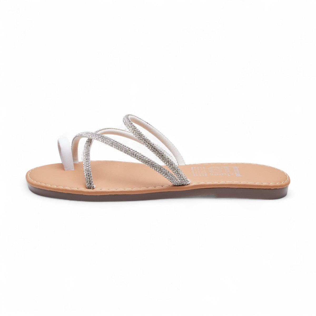 Sandalias planas para mujer con tiras cruzadas en material sintético tipo piel y brillos plateados dv2925