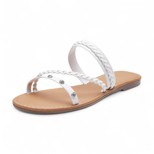 Sandalias planas para mujer con tiras cruzadas en material sintético tipo piel, tiras de brillos decorativos y tiras trenzada color blanco dv2925