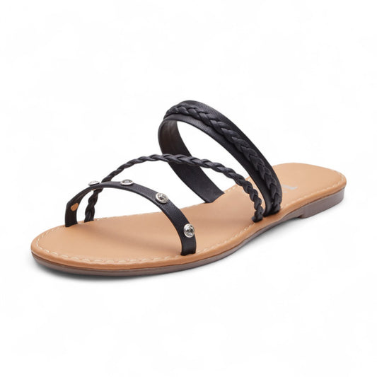 Sandalias planas para mujer con tiras cruzadas en material sintético tipo piel, tiras de brillos decorativos y tiras trenzada color negro dv2925