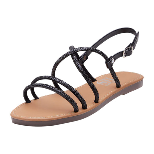 Sandalia Plana Diseño Cruzado con Brillo y Soporte Tobillo Negro dv2925