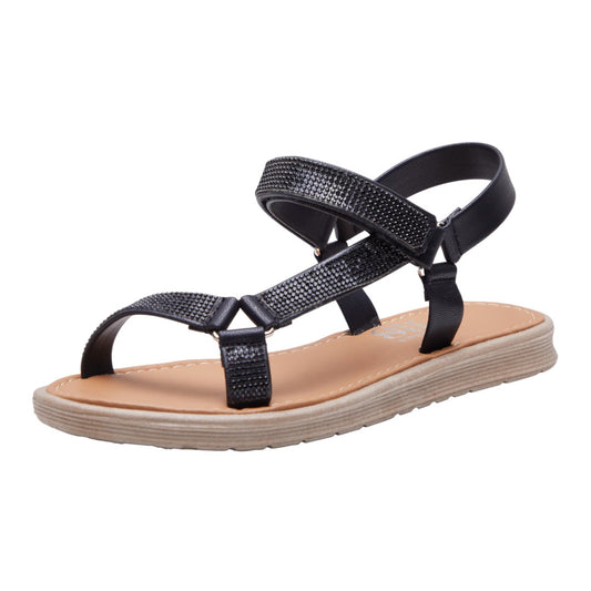 Sandalias Planas Asimétricas Mujer Brillos Negro dv2925