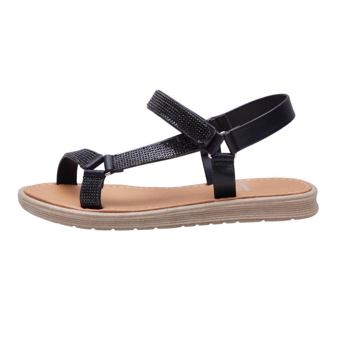 Sandalias Planas Asimétricas Mujer Brillos Negro dv2925