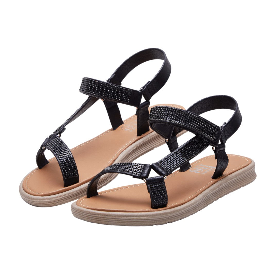 Sandalias Planas Asimétricas Mujer Brillos Negro dv2925
