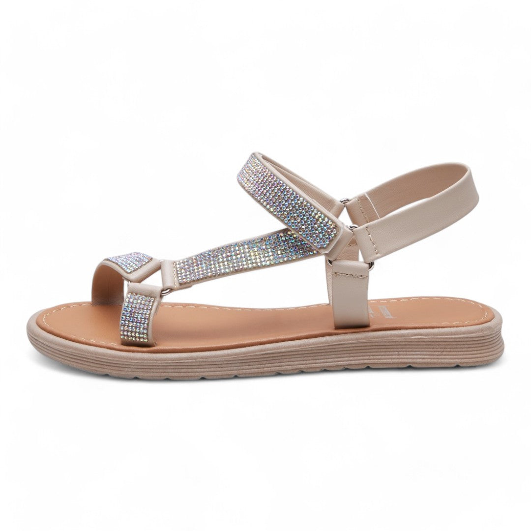 Sandalias Planas Asimétricas Mujer Brillos Beige dv2925