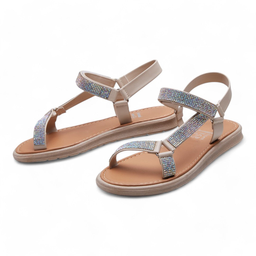 Sandalias Planas Asimétricas Mujer Brillos Beige dv2925