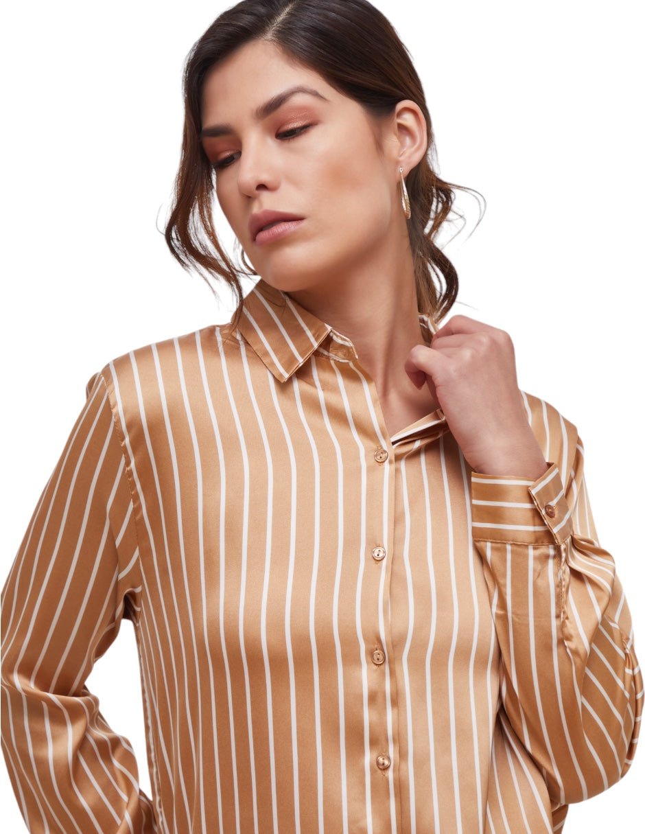Camisa Beige Satinada Formal Estampada