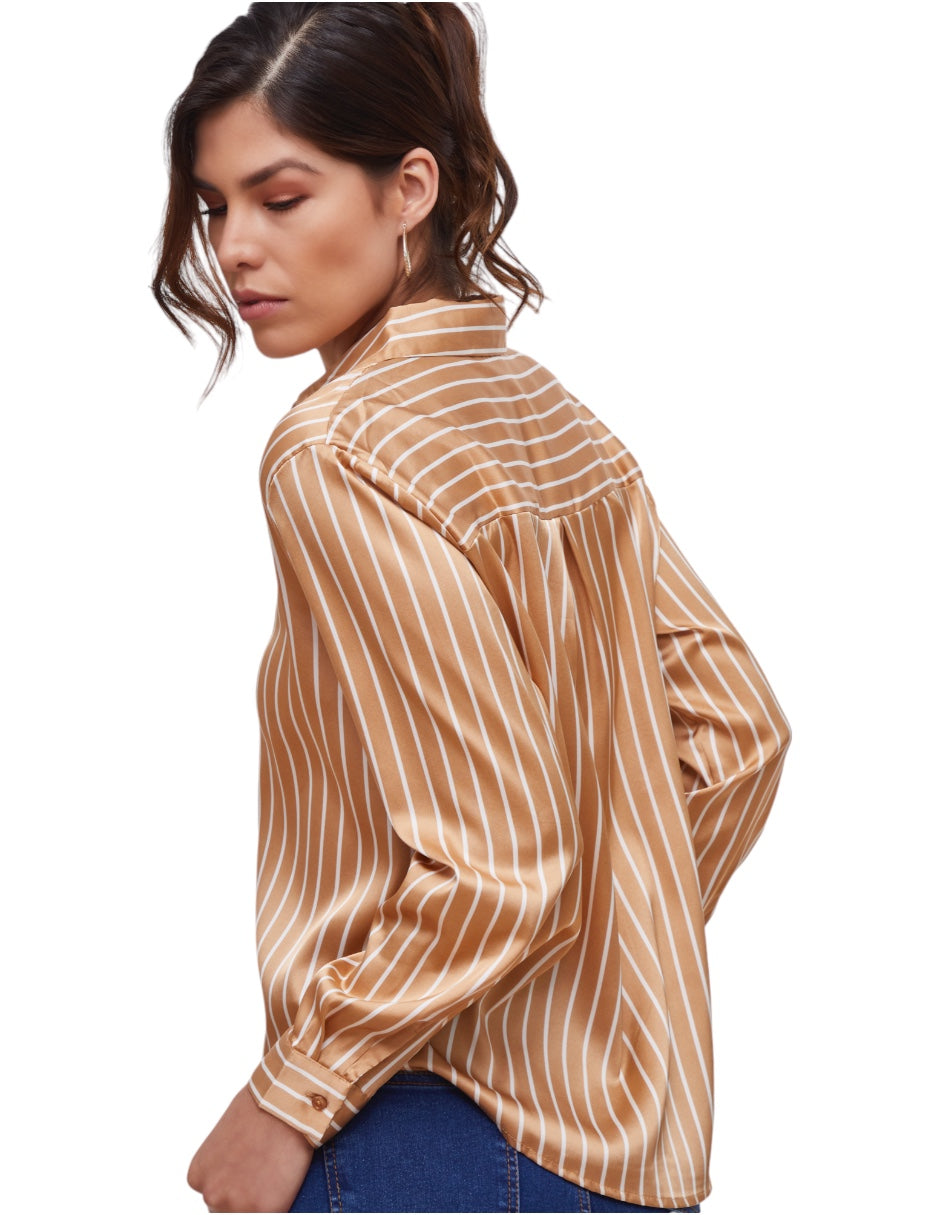 Camisa Beige Satinada Formal Estampada