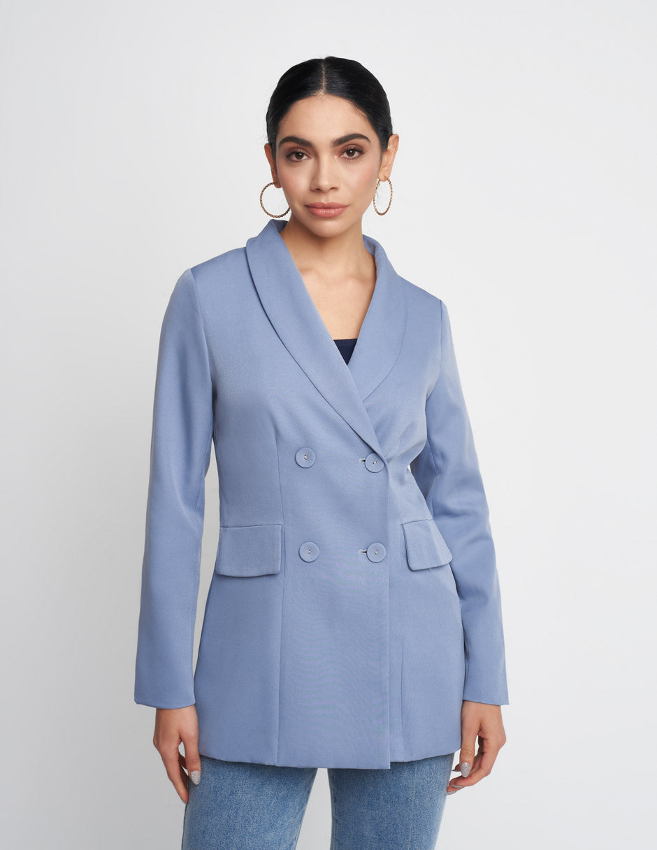 Saco para mujer de tela barbie twill en color azul cielo largo es por debajo de la cadera