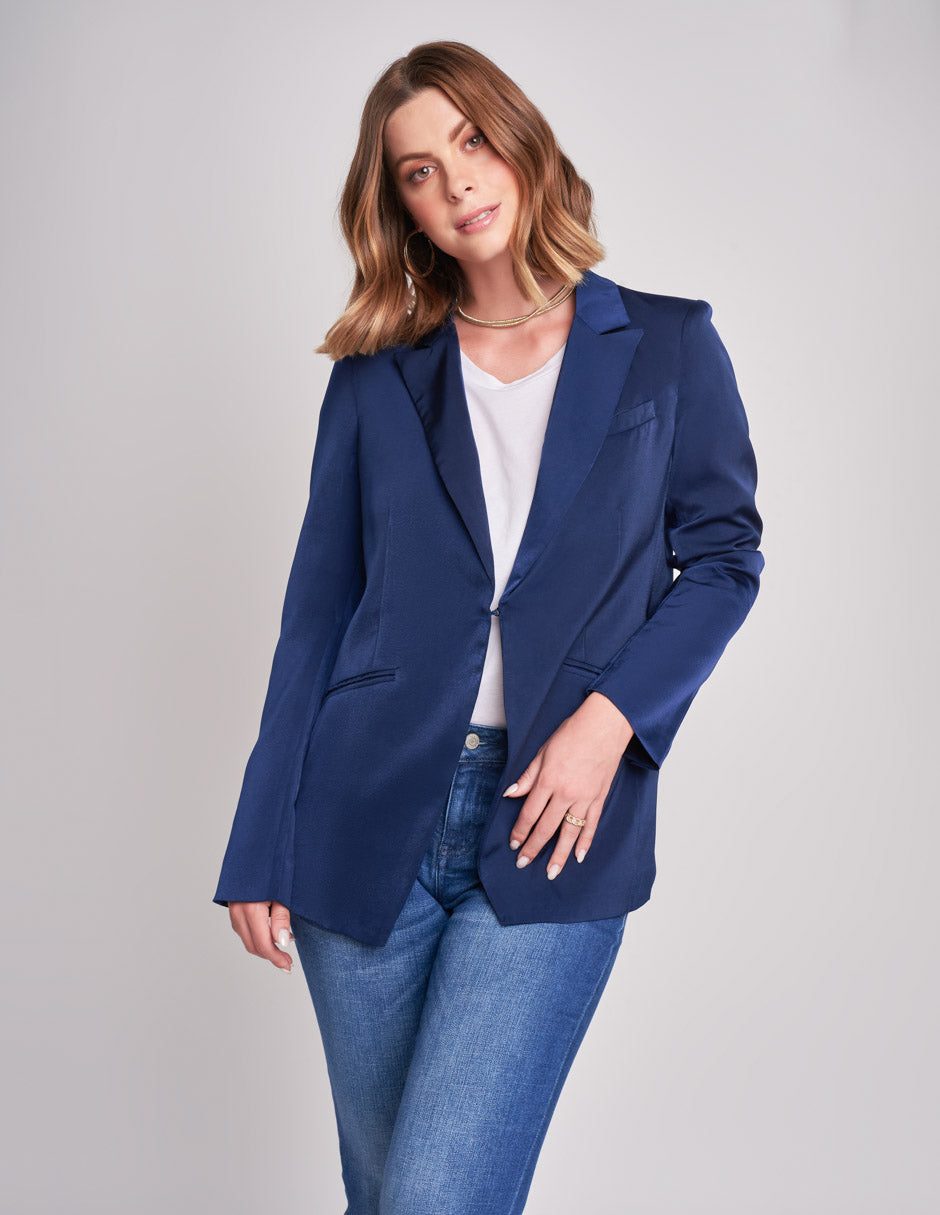 Saco Azul Marino Satinado: Elegancia en Moda Femenina