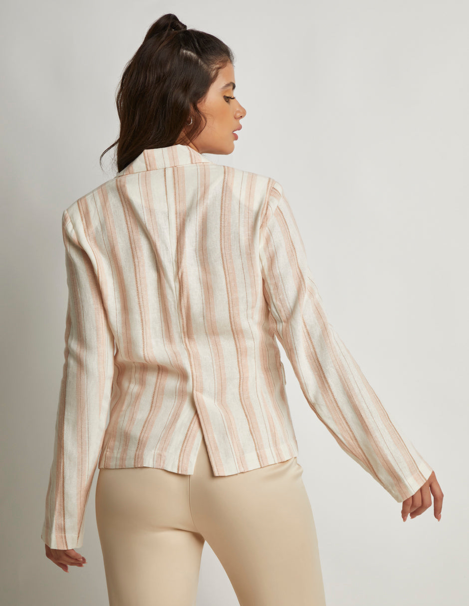 Saco Formal en Tela de Lino con Estampado Lineal, Manga Larga y Botón Habilitado