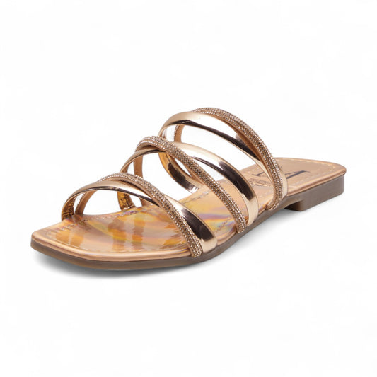 Sandalias planas para mujer en charol brillante con tiras cruzadas de brillos decorativos, diseño de metedera con punta cuadrada color dorado dv2925