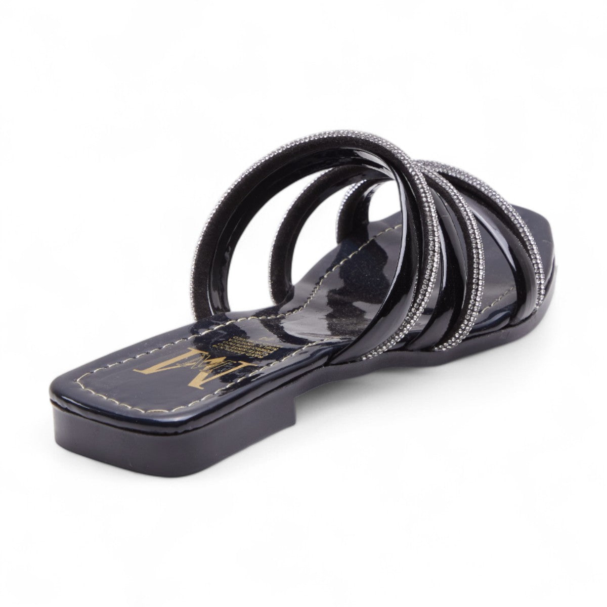 Sandalias planas para mujer en charol brillante con tiras cruzadas de brillos decorativos, diseño de metedera con punta cuadrada color negro dv2925