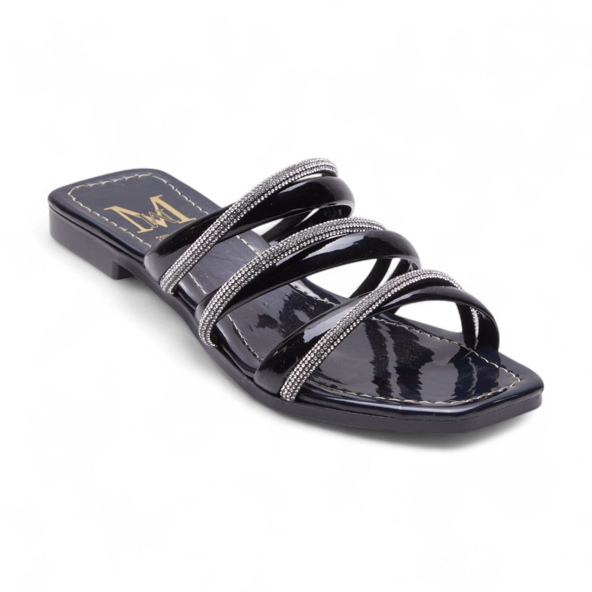 Sandalias planas para mujer en charol brillante con tiras cruzadas de brillos decorativos, diseño de metedera con punta cuadrada color negro dv2925