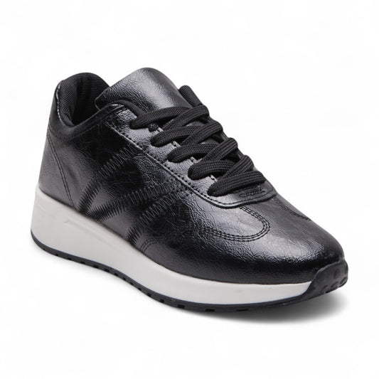 Tenis casuales urbanos para mujer en material sintético tipo piel con punta redonda color negro dv2925