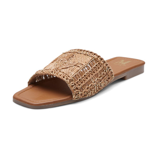Sandalias planas para mujer de metedera en material tipo yute tejido con detalles metálicos color dorado dv2925