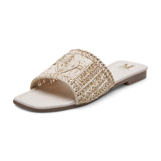 Sandalias planas para mujer de metedera en material tipo yute tejido con detalles metálicos dorados color blanco dv2925