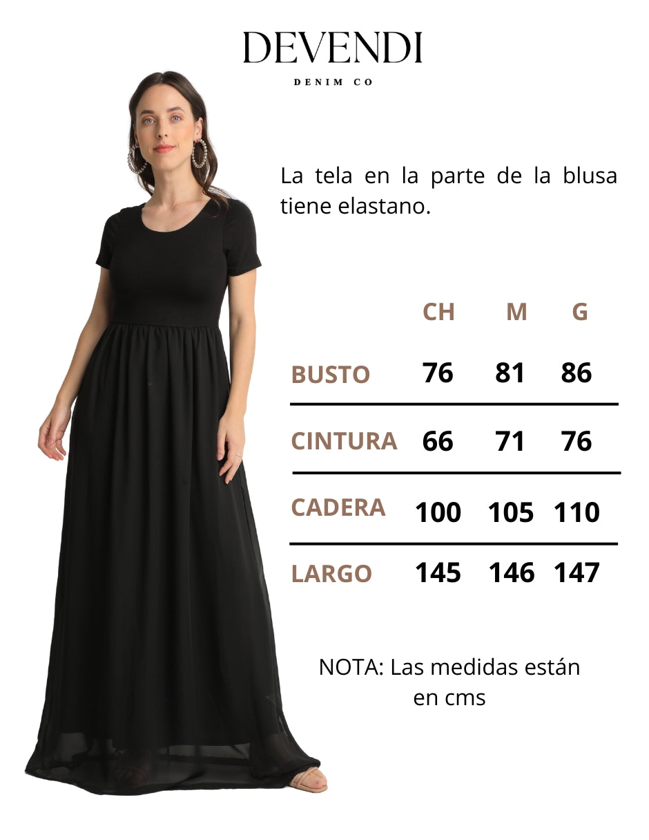 Vestido Negro Largo con Blusa de Punto y Falda Circular de Chifón