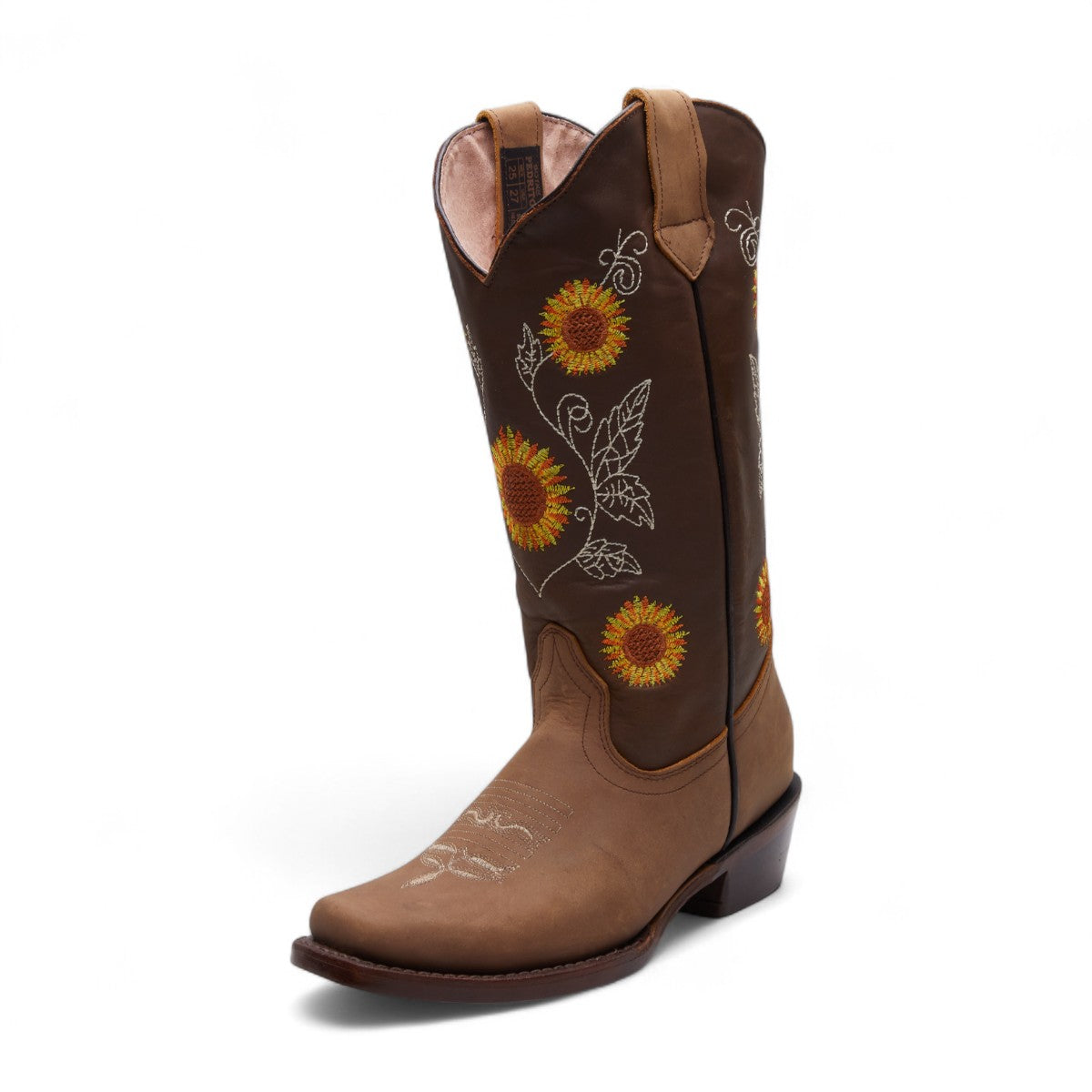 Botas vaqueras para dama 100% piel en dos tonos de café con bordado floral amarillo, punta en pico y tacón grueso de 4 cm dv2925