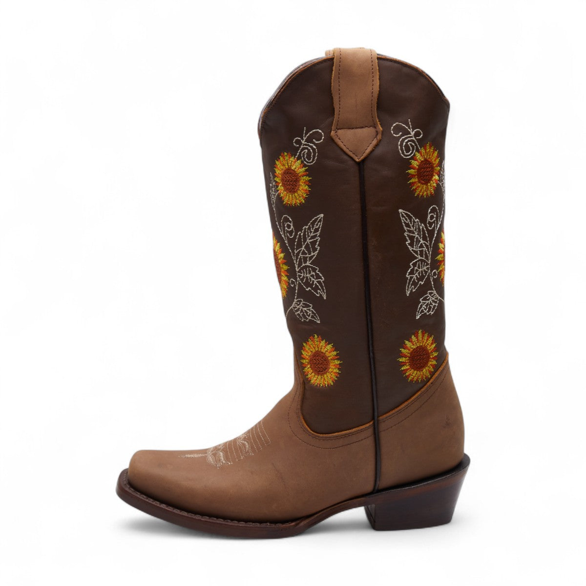 Botas vaqueras para dama 100% piel en dos tonos de café con bordado floral amarillo, punta en pico y tacón grueso de 4 cm dv2925