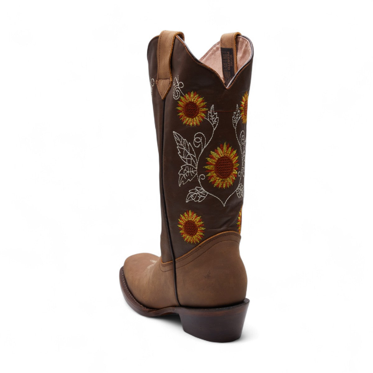 Botas vaqueras para dama 100% piel en dos tonos de café con bordado floral amarillo, punta en pico y tacón grueso de 4 cm dv2925