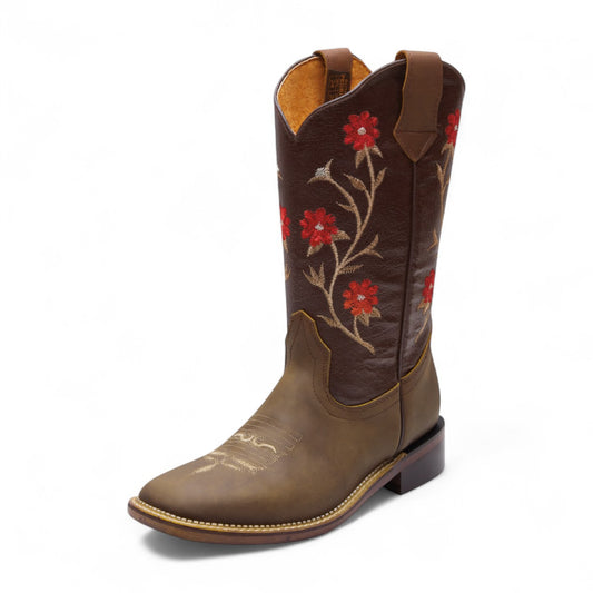 Bota vaquera bordada café con flores rojas | Botas western mujer 2025