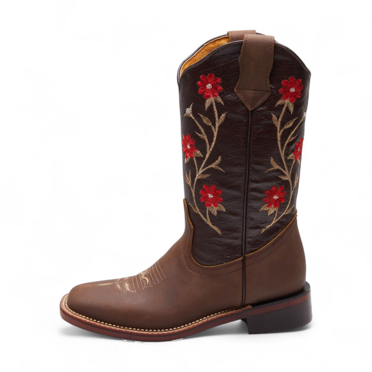 Bota vaquera bordada café con flores rojas | Botas western mujer 2025