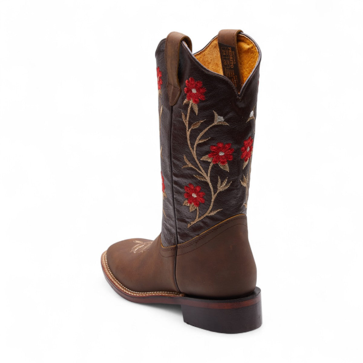 Bota vaquera bordada café con flores rojas | Botas western mujer 2025