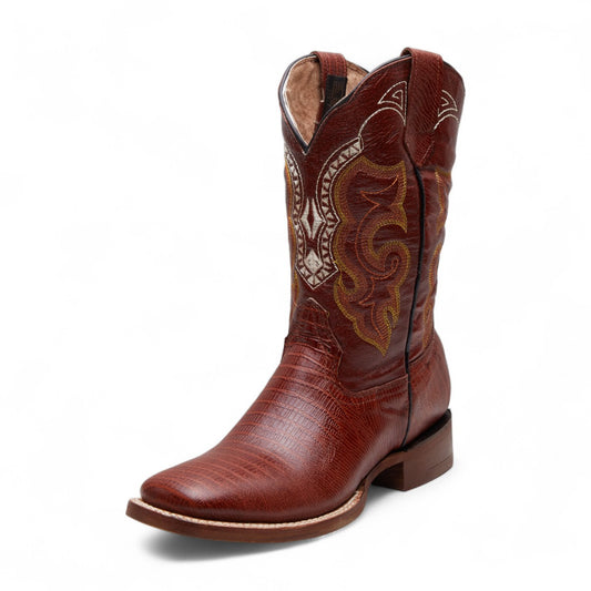 Botas vaqueras para caballero 100% piel genuina con punta cuadrada, tacón 4 cm, textura grabada, bordado y cortes decorativos estilo texano dv2925