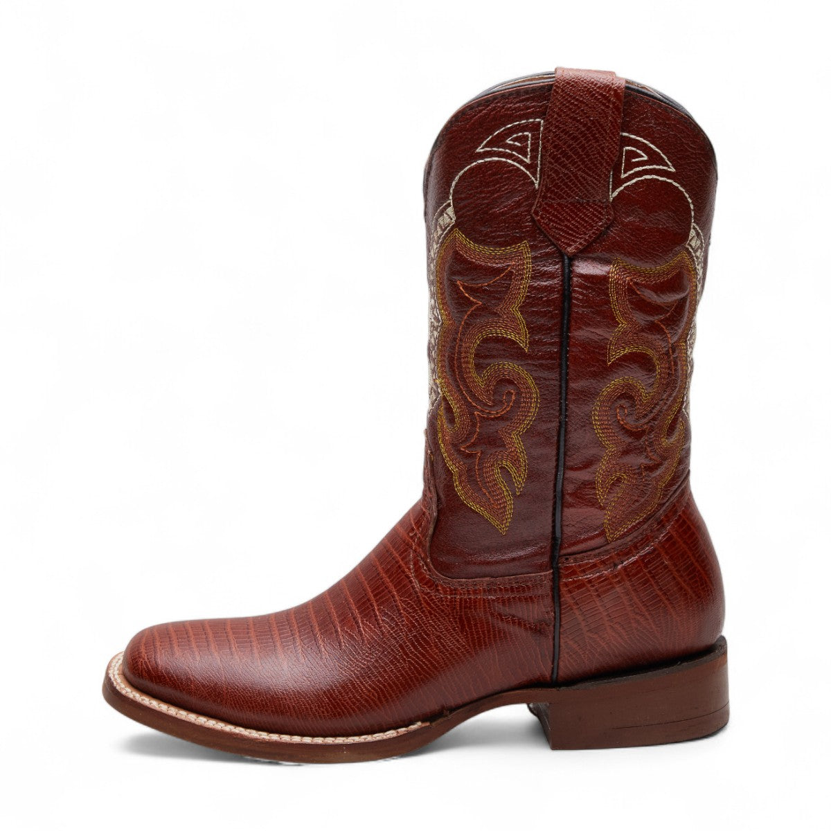 Botas vaqueras para caballero 100% piel genuina con punta cuadrada, tacón 4 cm, textura grabada, bordado y cortes decorativos estilo texano dv2925