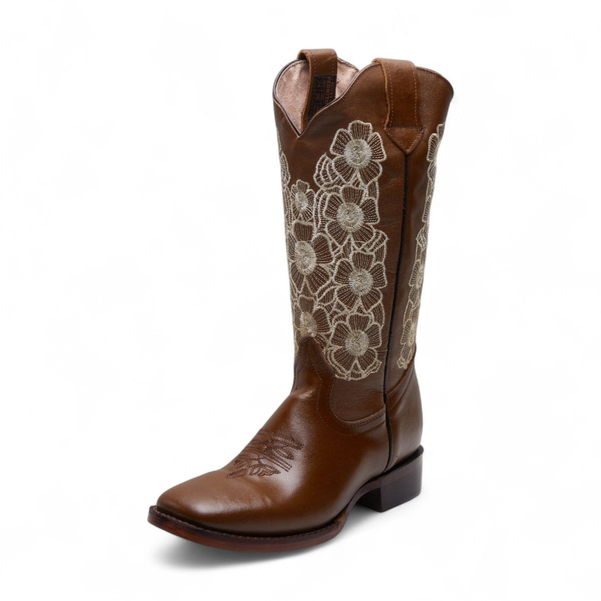 Botas vaqueras para dama 100% piel color café con bordado floral blanco, punta cuadrada y tacón grueso de 4 cm dv2925