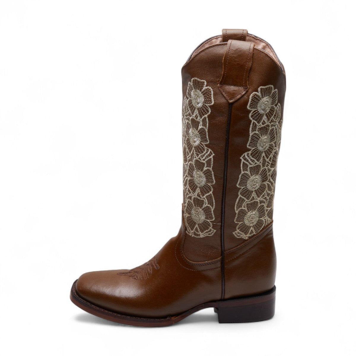 Botas vaqueras para dama 100% piel color café con bordado floral blanco, punta cuadrada y tacón grueso de 4 cm dv2925