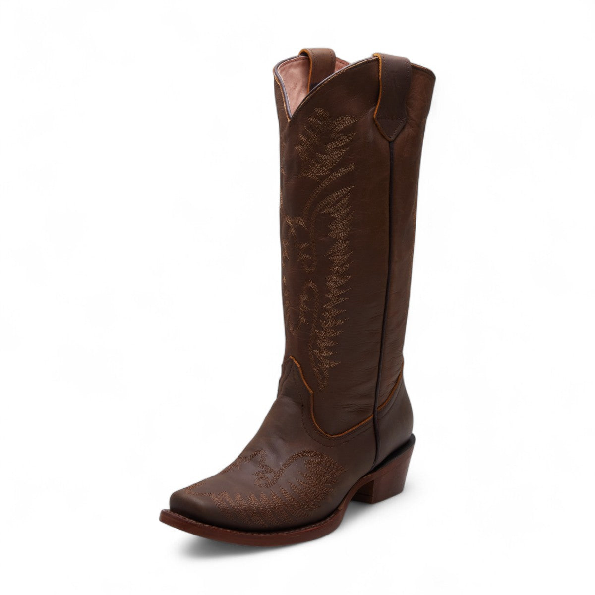Botas vaqueras para dama 100% piel color café con bordado monocromático, punta cuadrada, altas con tacón grueso de 4 cm dv2925