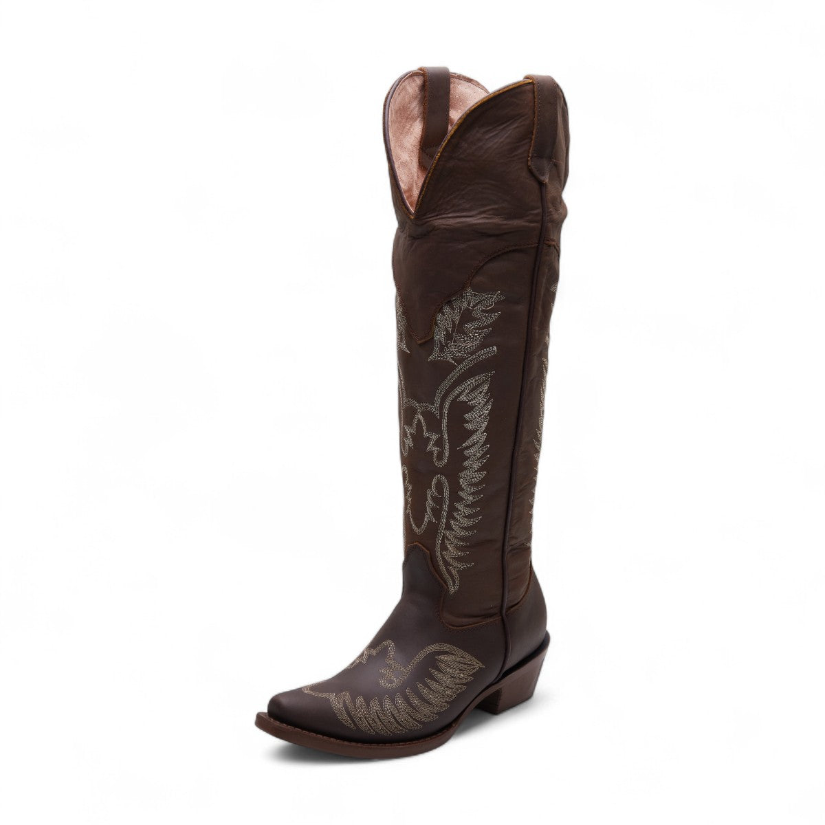 Botas vaqueras para dama 100% piel color café con bordado blanco, punta cuadrada, altas con tacón grueso 4 cm dv2925