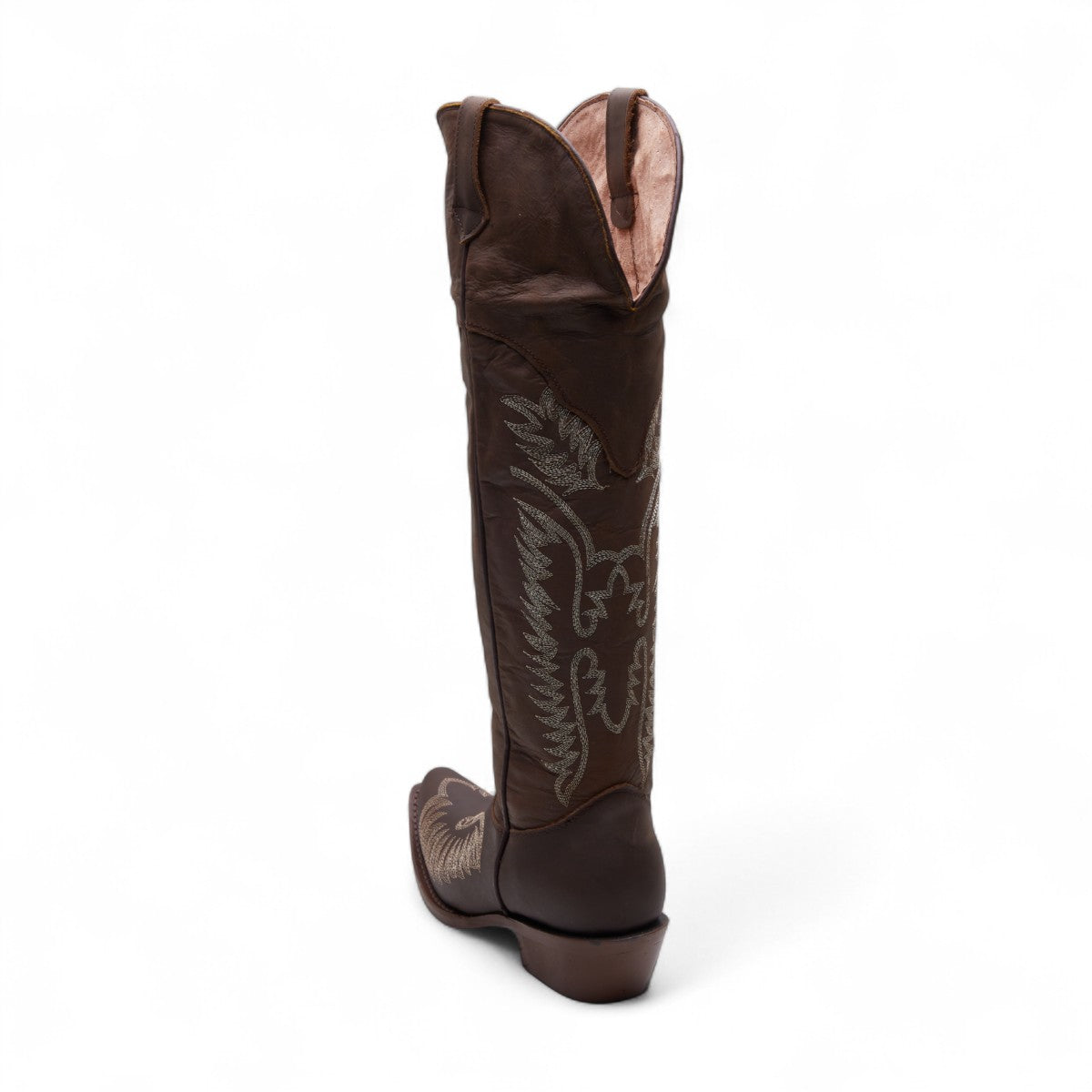 Botas vaqueras para dama 100% piel color café con bordado blanco, punta cuadrada, altas con tacón grueso 4 cm dv2925