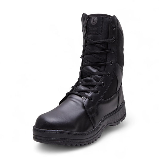 Botas tipo militar para caballero en material tipo piel color negro con agujetas funcionales, punta cuadrada, suela antiderrapante y mezcla de texturas dv2925