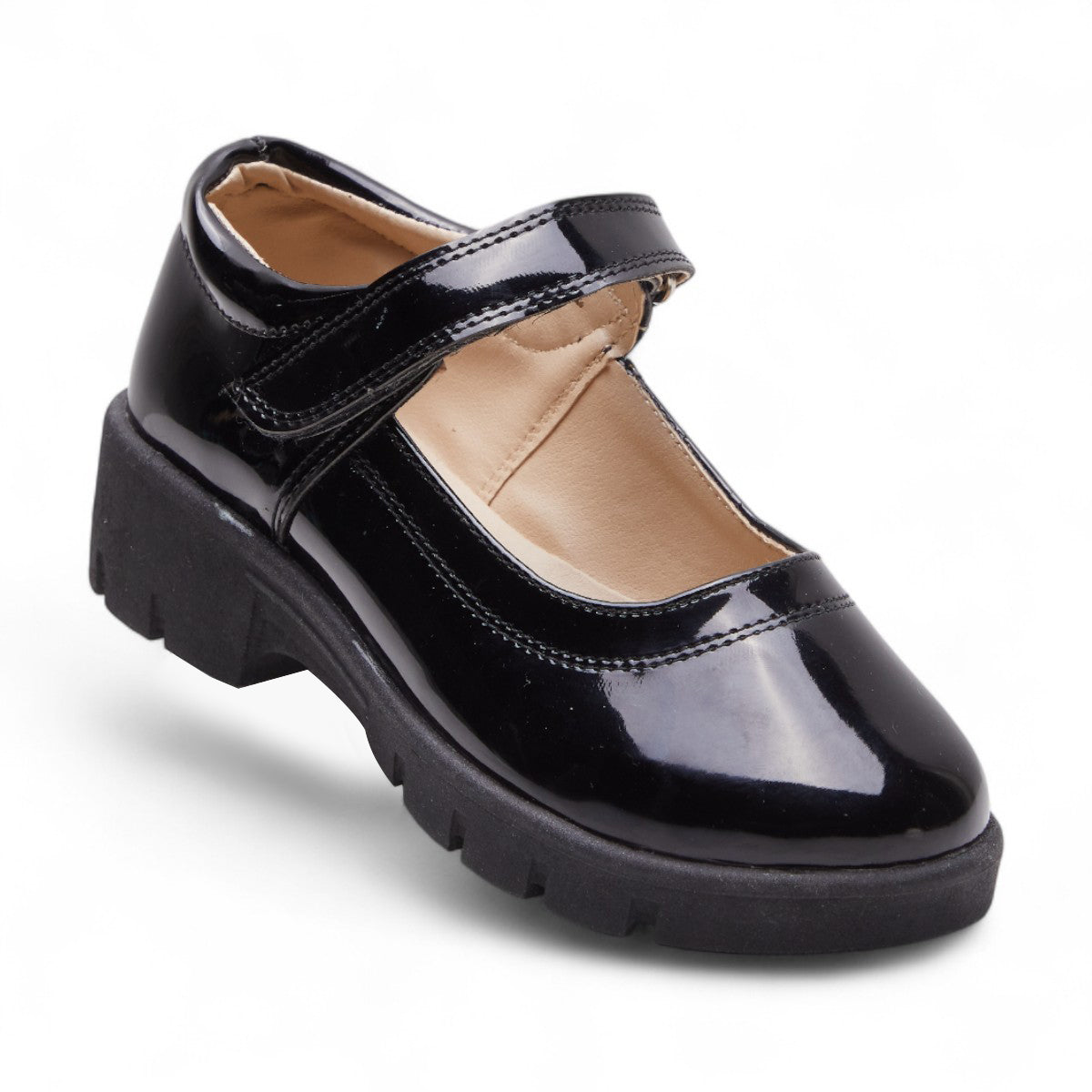 Zapatos escolares formales para niña estilo Mary Jane en charol negro con punta redonda dv2925